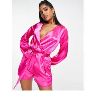 💖In the Style x Perrie Sian Wrap / Tie Front Fuschia Pink Satin Romper